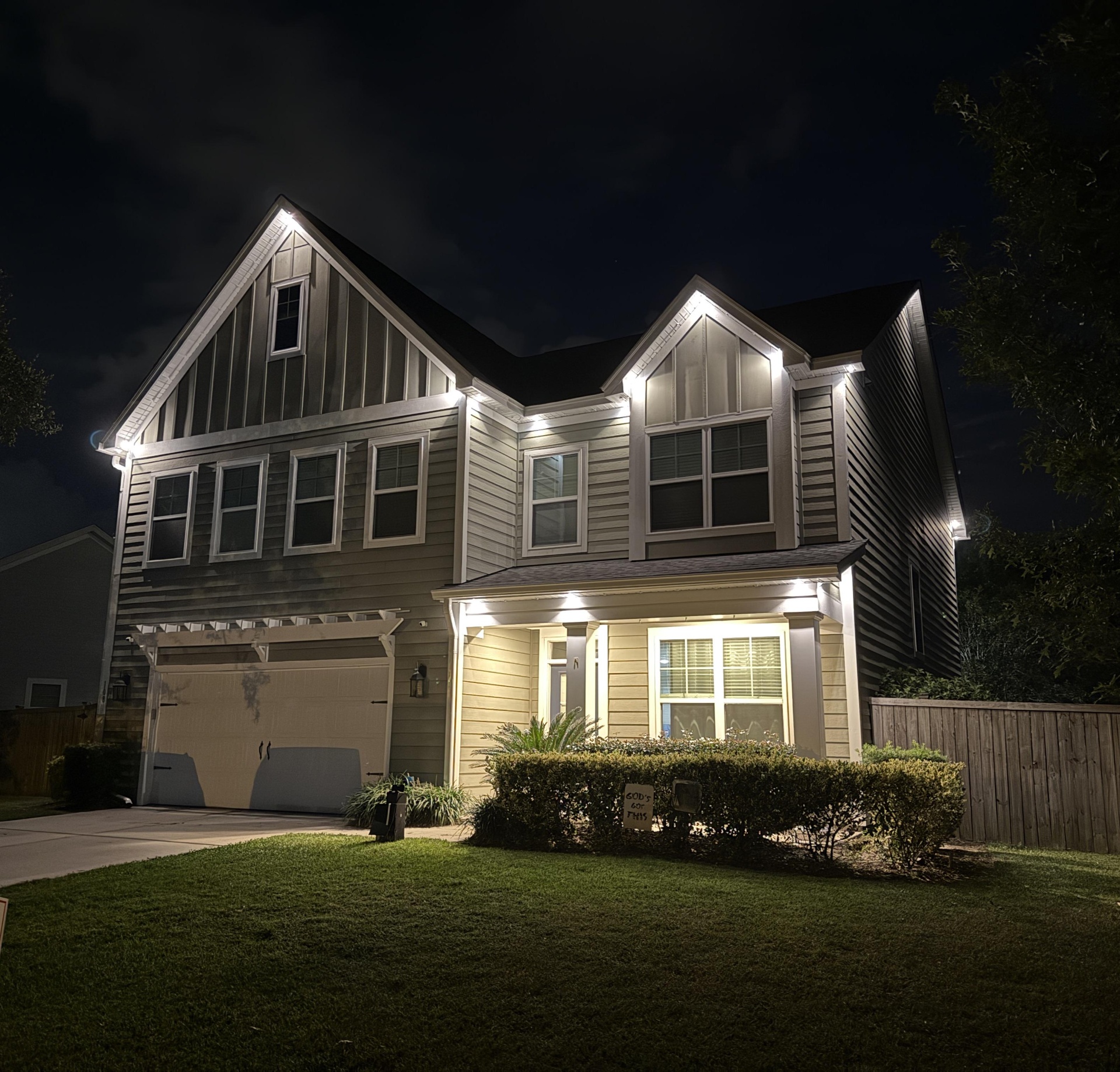 Home with accent uplighting and soft white permanent lights